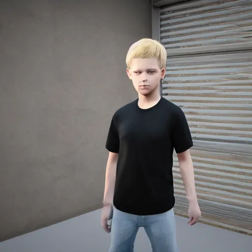 Image similar to a detailed full body image of boy with blonde hair and blue eyes wearing a black tshirt, unreal engine 5 rendered, incredibly highly detailed and realistic, 8 k, sharp focus, studio quality