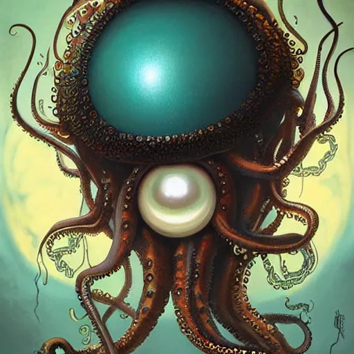 Image similar to queen octopus with a giant eyeball pearl head by Anato Finnstark, Tom Bagshaw, Brom