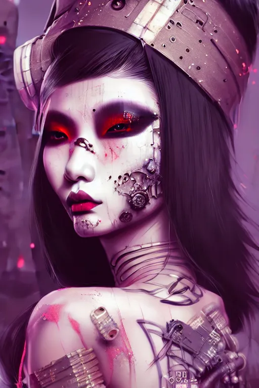 Image similar to soft lustrous ebony asian geisha goddess yakuza biotech raver gutter punk gothic cyborg, cyberpunk city, urban decay, decay, underworld, dark art, highly detailed, digital painting, octane render, artstation, concept art, smooth, sharp focus, illustration, art by artgerm, loish, wlop