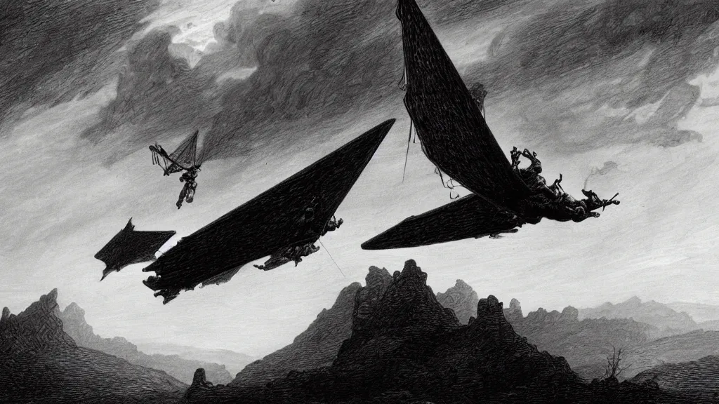 Image similar to drawing of an ornithopter flying toward a desert storm, by gustave dore, nineteenth century, black and white, vintage, science fiction, epic composition, dramatic lighting, highly detailed, cinematic