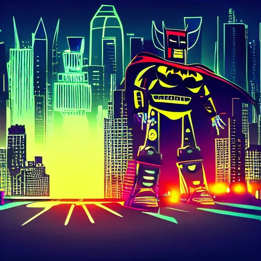 Image similar to huge robot batman on a city in midnight, glow wave