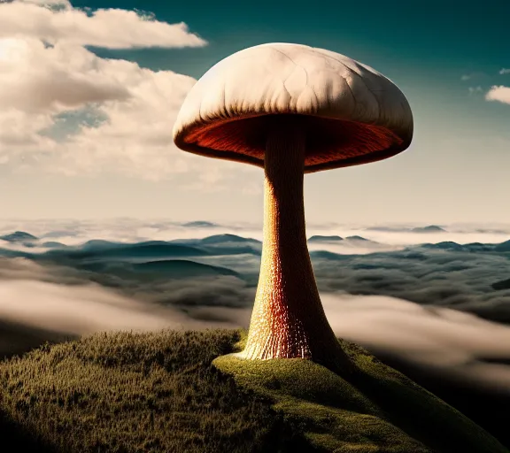 Image similar to a giant mushroom covers a whole kingdom and reaches above the clouds. intricate. lifelike. soft light. sony a 7 r iv 5 5 mm. cinematic post - processing