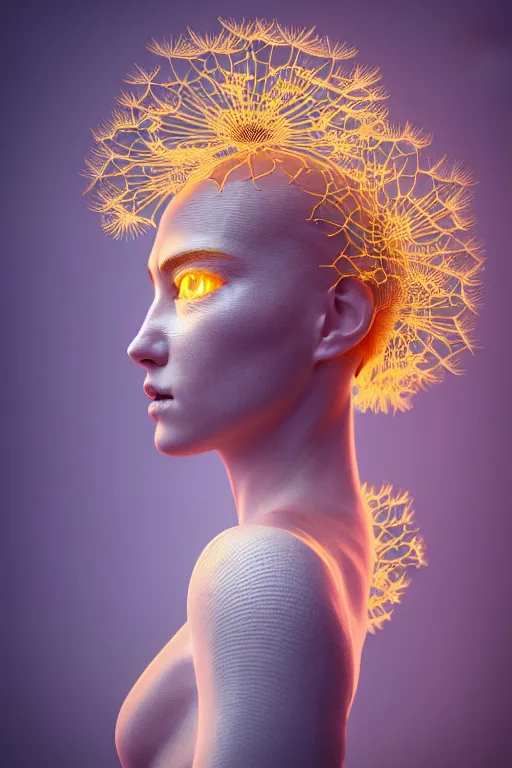 Image similar to intricate hyper detailed ultra sharp 3 d render of a beautiful porcelain cyberpunk women, unity of mood, large pore fungi embroidered, bright light, art nouveau, haute couture alexander mcqueen leaves stems dahlia transparent fractal dandelion yellow pistil filigree roots, octane render, volumetric cinematic lighting, 8 k post - production