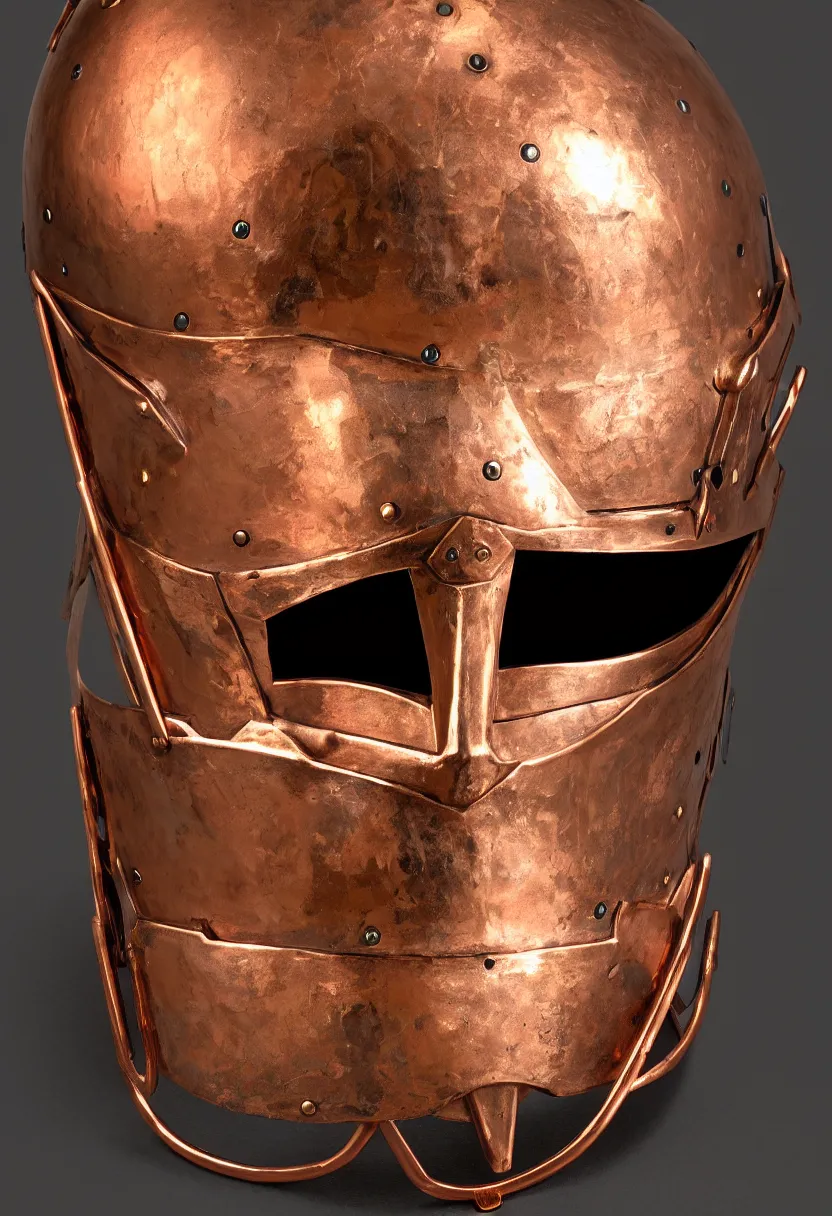 Image similar to a presentation photo of a duel knight's helmet that is made of copper and gold, beautiful ornated details