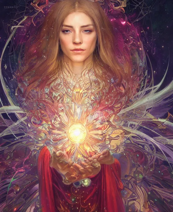 Image similar to a trading card of a wizard surrounded by a whirlwind of magical particles ushing inside the metaverse, half body, fantasy, intricate, elegant, highly detailed, colorful, vivid color, digital painting, artstation, concept art, art by artgerm and greg rutkowski and alphonse mucha and ruan jia