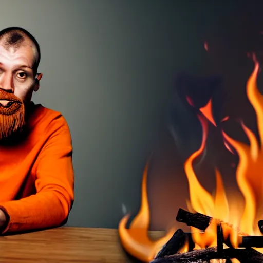 Image similar to an orange humanlike dog in his house, sitting at his table, a coffee on the table, surrounded by flames and fire, smoke above him