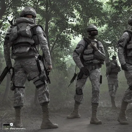 Image similar to Mercenary Special Forces soldiers in light grey uniforms with black armored vest and helmet escorting a VIP in the jungles of Tanoa, combat photography by Feng Zhu, highly detailed, excellent composition, cinematic concept art, dramatic lighting, trending on ArtStation