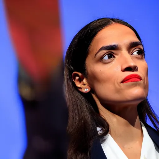 Prompt: Alexandria Ocasio-Cortez close up portrait, posing full body on a stage, realistic 4k