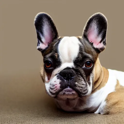 Prompt: photo of a sad white and brown french bulldog with a cone around his head