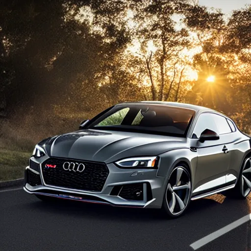 Prompt: black audi rs 5 sportback driving towards sunset