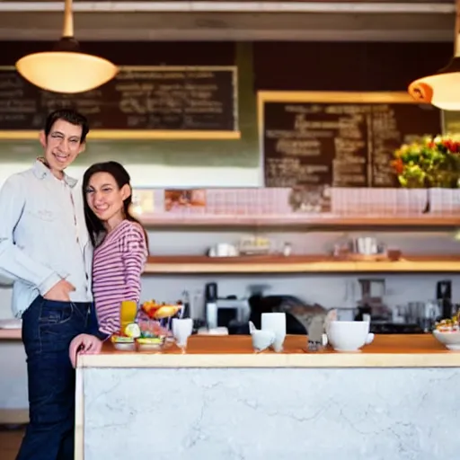 Image similar to a young couple standing on top of the counter at a diner