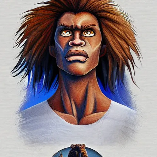 Prompt: a full-height portrait from afar of Simba form the Lion King look like an ordinary human boy with beautiful hear and head, wearing a white T-shirt and blue jeans, humanisation, digital art style