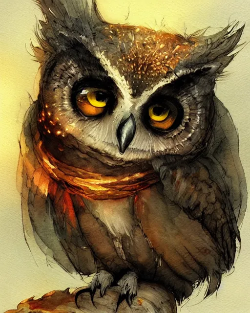 Prompt: cute owl on a cat, cloaked in ethereal fire and smoke, watercolor portrait by rembrandt and kim jung gi, anato finnstark, artstation, deviantart