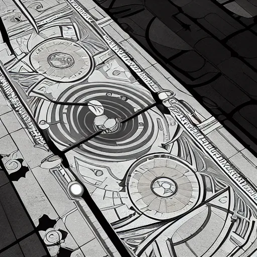 Image similar to art nouveau floor pattern, geometric, interlocking, solar system, scifi inspired, foundation, thin lines, black and white by paul chadeisson, greg rutkowski