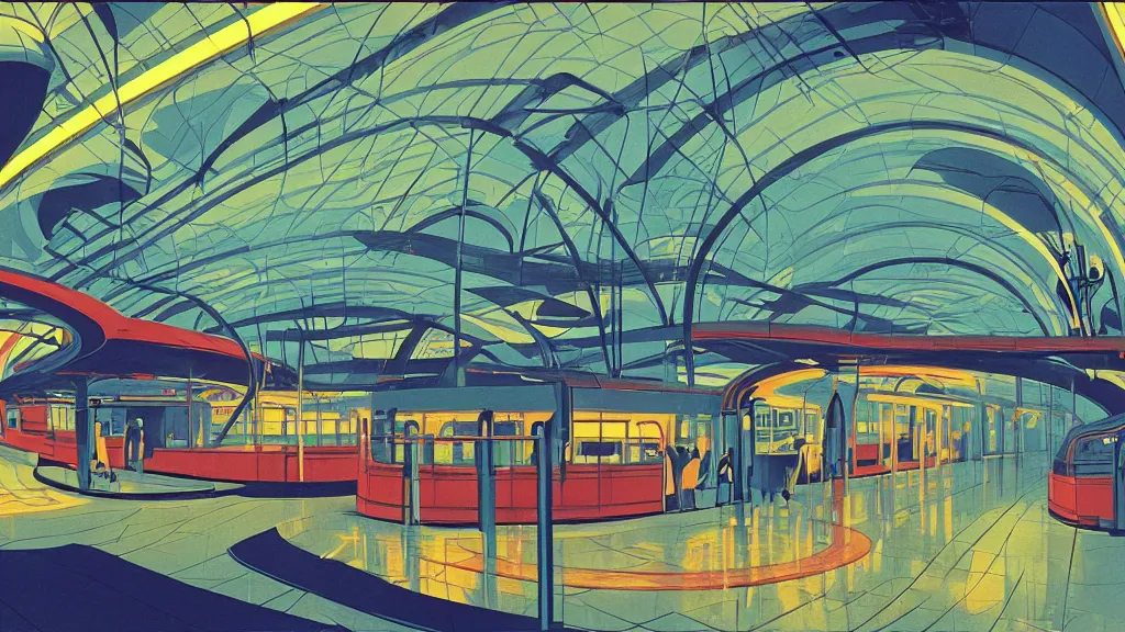 Image similar to 7 0 s sci - fi train station interior, retrofuturism, gouache, animated film, stylised, illustration, by eyvind earle, scott wills, genndy tartakovski