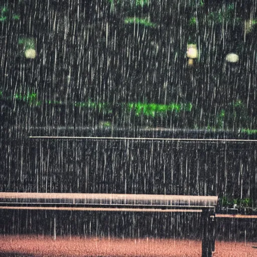 Prompt: a photo of a fluffy monster sitting at a park bench alone in the rain, moody, nostalgic, 8 k uhd