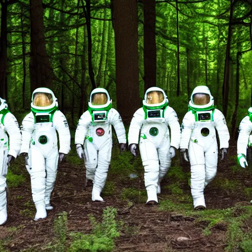 Prompt: a squad of space scouts wearing white and green space suits exploring a forest planet