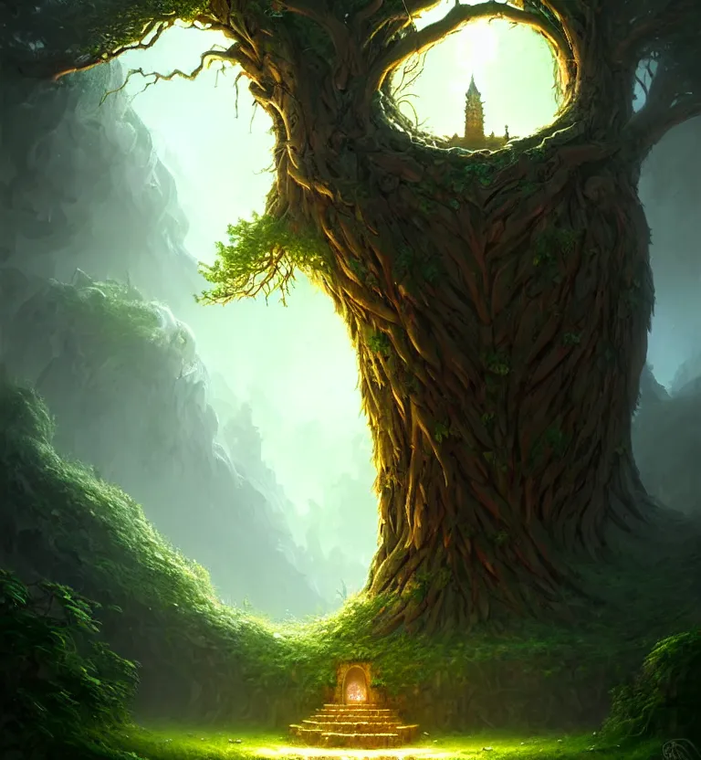 Image similar to a beautiful giant tree growing in the middle of an mysterious giant door carved with symbols, a door is embedded in the tree. godray on plants, fantasy digital art, fantasy style art, fantasy hearthstone art style, fantasy game art by greg rutkowski, darksouls concept art