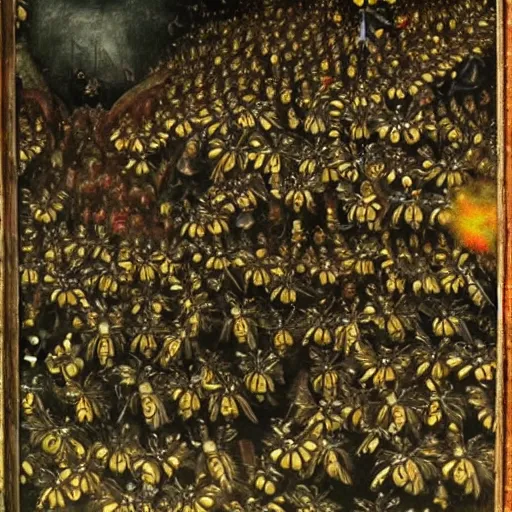 Prompt: a swarm of bumblebees attacking + + sleeping people in hell + +, art by bosch, highly detailed, masterpiece