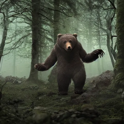 Prompt: a giant bear-shaped lovecraft monster beast with 6 arms running quickly through a woodland, scary bear monster, 4 arms, magical forest, fantasy, Ireland, England, king Arthur, Lord of the rings, cinematic, realistic style, beautiful, majestic, dramatic lighting, early morning, dawn CGsociety, realistic, hyper maximalist, golden ratio, octane render, rule of thirds, wide shot , 8k resolution, epic volumetric light, cinematography, concept art, Artstation trending, environments, fantasy