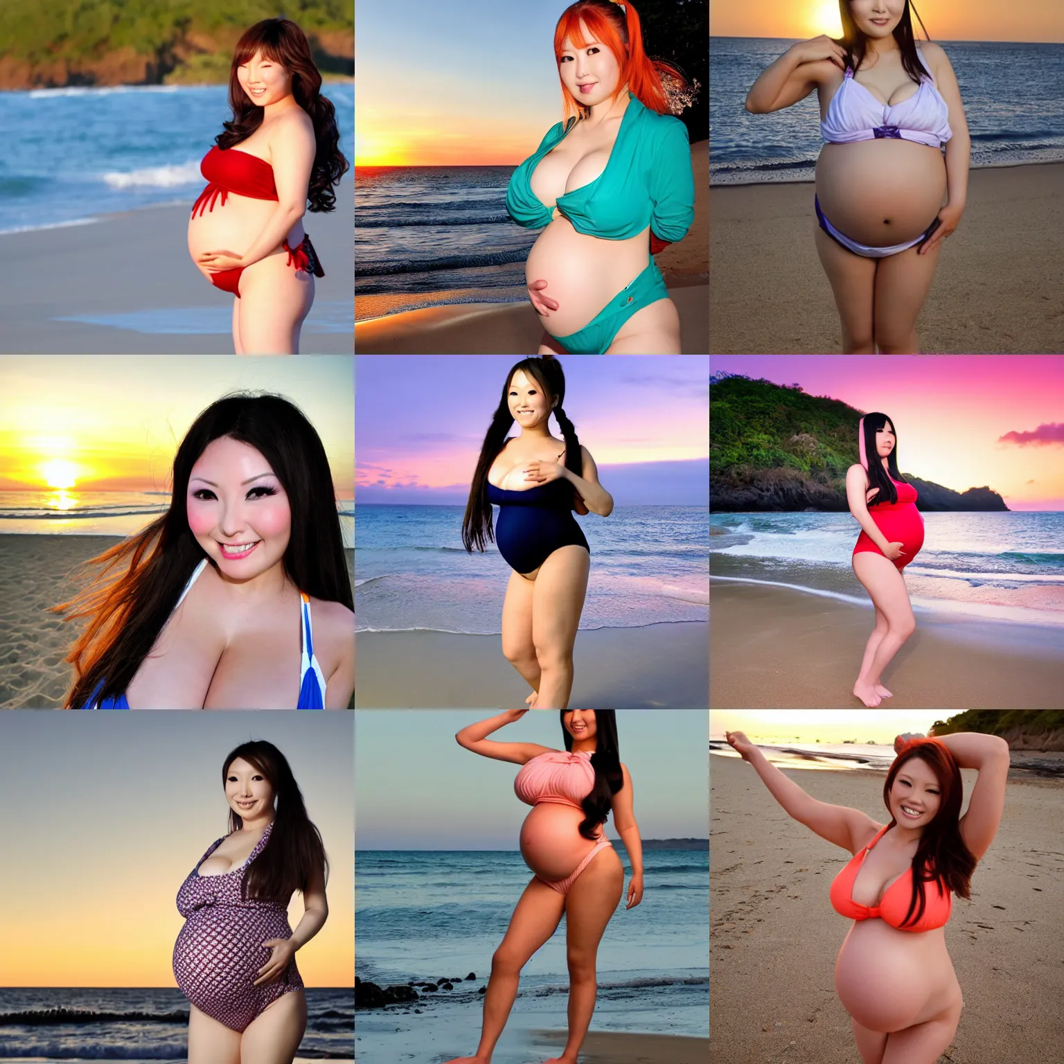 Image similar to hitomi tanaka with biggest pregnancy ever, hair in pigtails, swimsuit at the beach at sunset, standing sideways, full body view, realistic photo, smiling