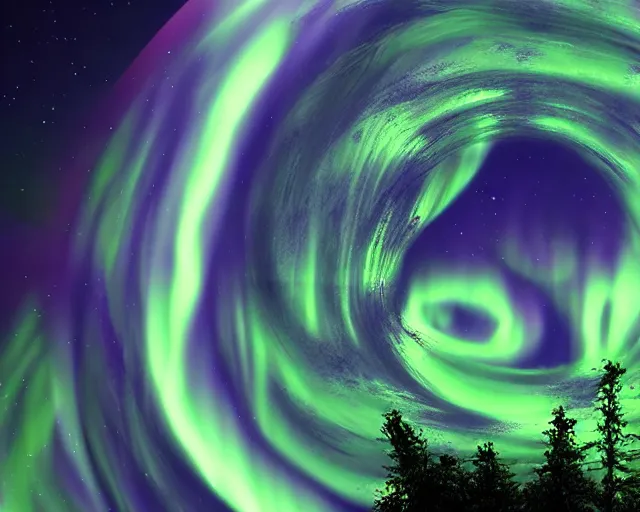 Image similar to hyperrealistic photo of a vortex made from northern lights spinning around sun halo made in unreal engine 4