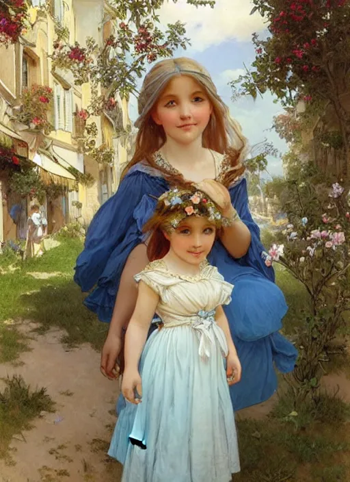 Prompt: a cute little girl with long golden hair wearing a sky blue shirred summer dress smiles in the square of a french village, beautiful painting by artgerm and greg rutkowski and alphonse mucha