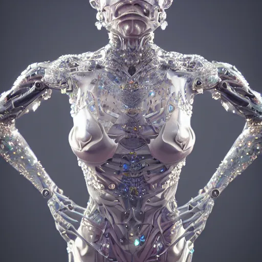 Image similar to full body detailed, ethereal, biomechanical, covered in diamonds and other gems glowing, highly detailed face, elegant posed, intricate, extremy detailed, beeple, cgsociety, 3 d unreal engine octane render. cinematic lighting, highly detailed 4 k art