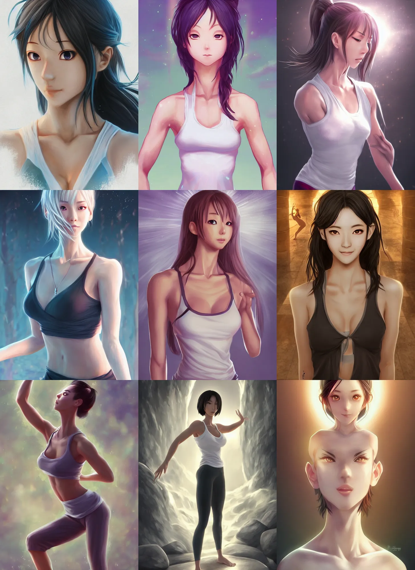 Prompt: very detailed full body portrait of yoga instructor, anime, fantasy, beautiful, pretty face, white eyes, slender, dreamy aesthetic, 4 k, sun yunjoo, cartoon style, aura of light, cinematic lighting, highly detailed, sharp focus, artstation, masterpiece, art by hyungjin yang