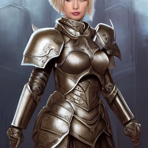 Image similar to fantasy paladin woman, symmetrical portrait, centered view, short blonde hair, blue eyes, level 1 plate armour, pale skin, 4k, by wlop, artgerm, andrei riabovitchev, nuri iyem, james gurney, james jean, greg rutkowski, highly detailed, soft lighting 8k resolution