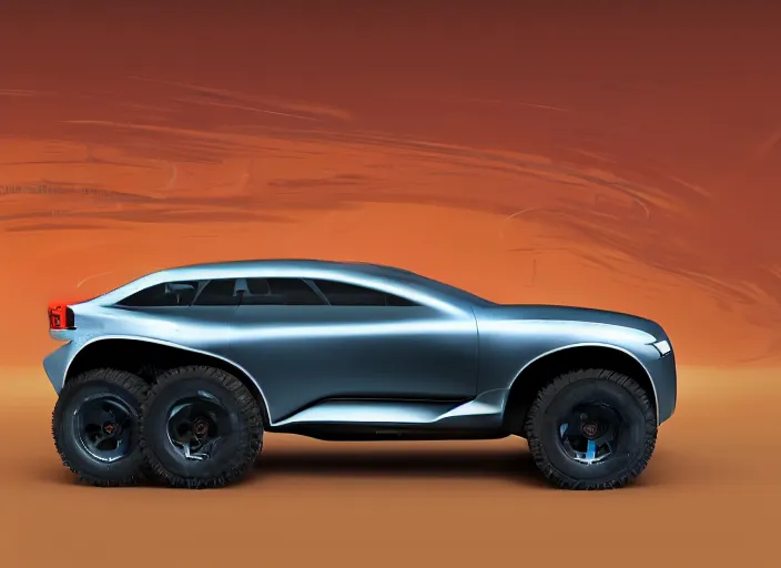 Image similar to wide view shot of a new car for 2 0 3 2 with offroad tires installed. style by petros afshar, christopher balaskas, goro fujita, and rolf armstrong. car design by dmc and volvo.