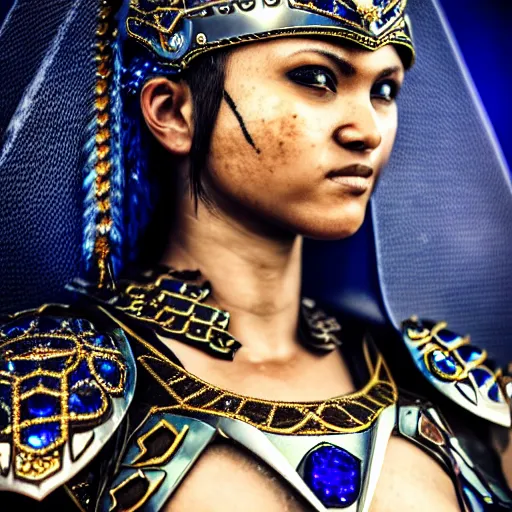 Image similar to photo of a real-life beautiful female warrior with sapphire encrusted armour