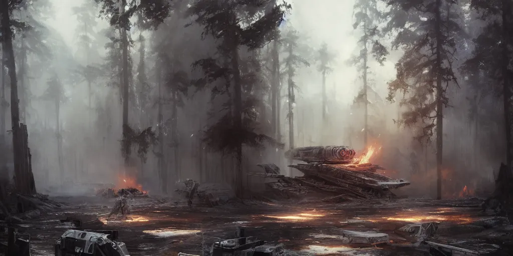 Image similar to a painting of a cinematic keyframe of star wars a destroyed at - at in a forest, heavy atmosphere, fire and smoke by greg rutkowski, rule of thirds, golden ratio, ambient lighting, wlop, artgerm, artstation, highly detailed masterpiece, dark fantasy art, high detail, trending on artstation