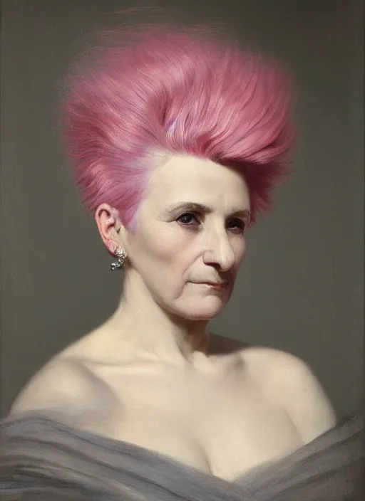 Prompt: a detailed portrait of 7 0 year old girl with a mohawk by edouard bisson, pink hair, punk rock, looking at the camera, oil painting, muted colours, soft lighting