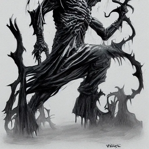 Image similar to wraith, undead, dynamic pose, skull, terrifying, dark, fog, art by brom