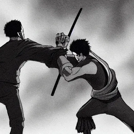 Prompt: real-life zoro vs. mihawk, a still of a fight film