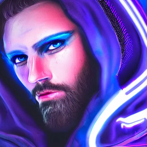 Image similar to a portrait of an ultradetailed futuristic male cyberpunk wearing a hoodie on his head, bearded, deep blue eyes, by dylan kowalski, 8 k, purple neon colours, digital painting