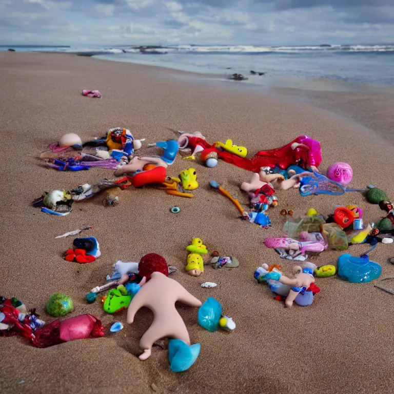 Image similar to surreal hyperrealistic photograph of a beach, toy dolls and parts of toy dolls strewn about, shot toward the ocean