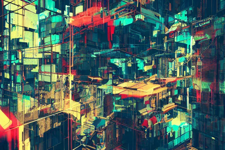 Prompt: fragmented architecture collage by atelier olschinsky, cyberpunk, (high contrast), ((oversaturated)), grafitti paint, bokeh, dof, unreal engine