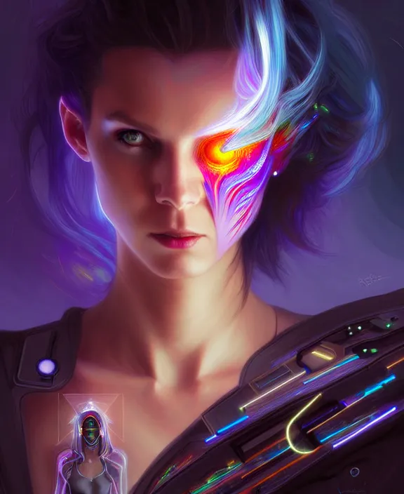 Image similar to a whirlwind of souls rushing inside the metaverse, hologram, half body, neurochip, shaved temple, piercing, jewelry, android, cyborg, cyberpunk face, by loish, d & d, fantasy, intricate, elegant, highly detailed, colorful, digital painting, artstation, concept art, art by artgerm and greg rutkowski and alphonse mucha