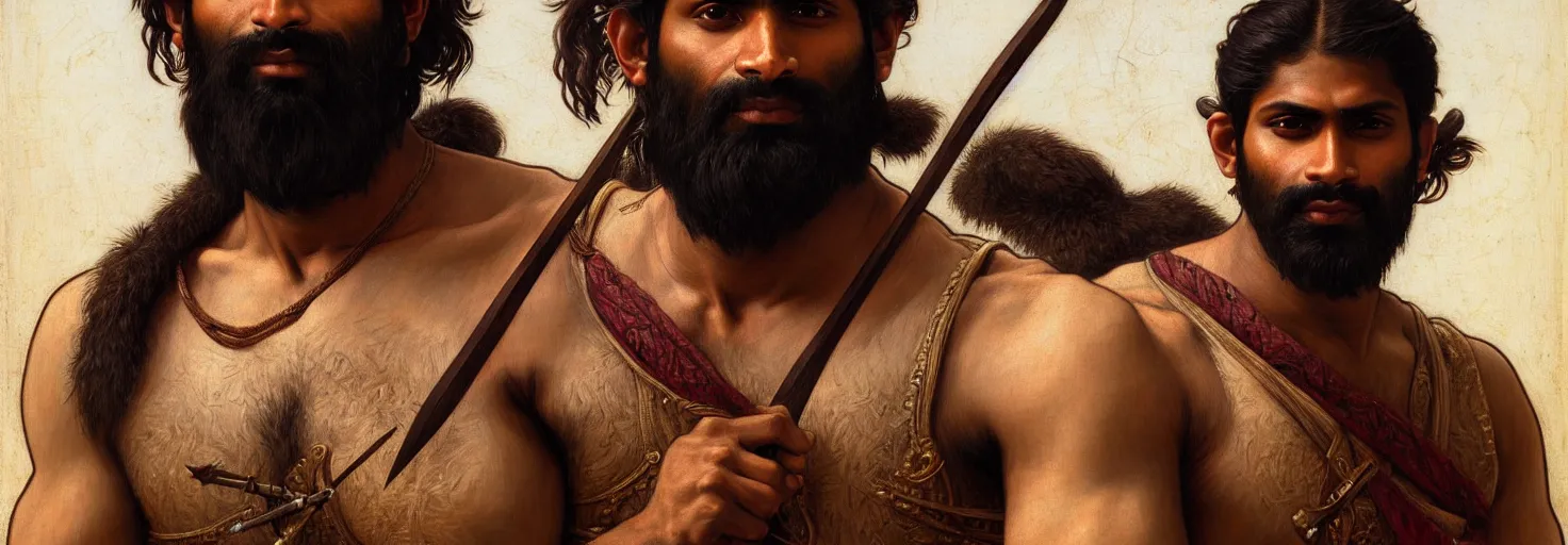 Image similar to renaissance upper body portrait of a gruff ranger with a spear, Indian South Asian, lean and toned, handsome face, hairy chest, D&D, intricate, elegant, highly detailed, digital painting, artstation, concept art, matte, sharp focus, illustration, art by da Vinci, Artgerm and Greg Rutkowski and Alphonse Mucha