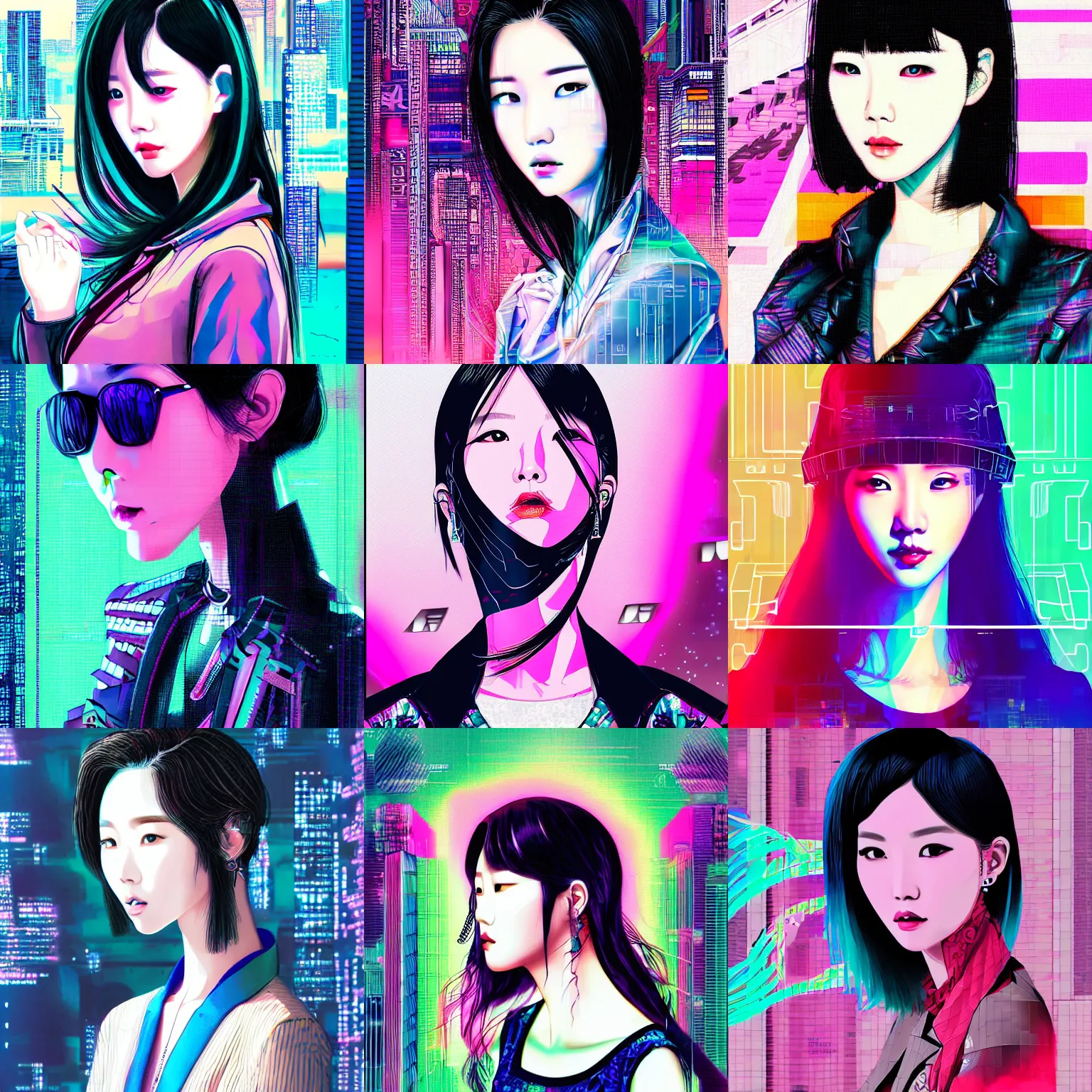 Prompt: korean women's fashion model, intricate acrylic cyberpunk vaporwave portrait by tim doyle