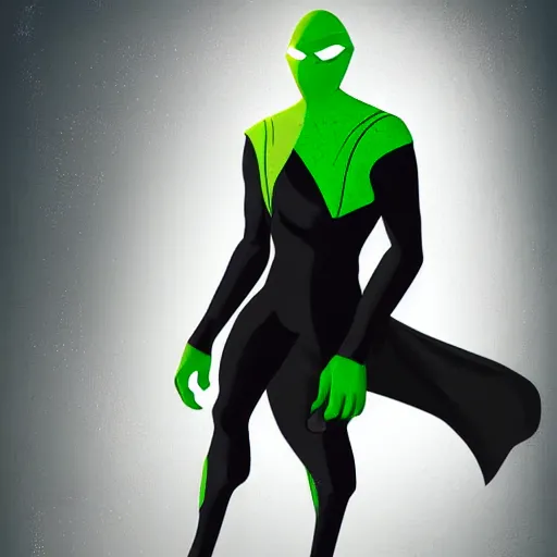 Prompt: dark - skinned superhero with a black suit and very minimal green details, his power comes from a ring that gives him mutant - like powers and a spectacular mask as a weapon he has an expandable staff. he wears no cape. he has a belt as a feline tail, digital art