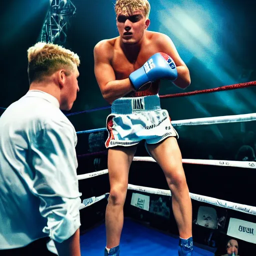 Prompt: a photo of jake paul boxing a unicorn, award winning sports photo, ultra detailed,