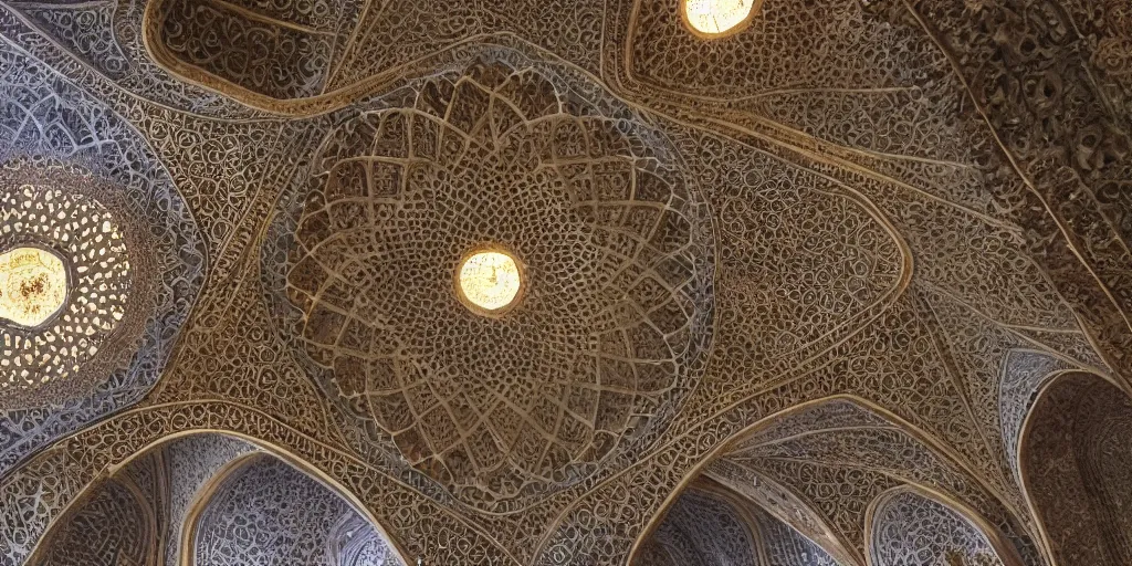 Image similar to an iwan with intricate muqarnas made of glowing obsidian and white marble, beautiful, volumetric lighting, cinematic lighting, golden hour