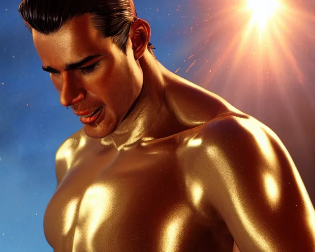 Image similar to attractive oiled up glossy man posing in front of a huge golden bitcoin, angelic light, commercial by annie liebovitz, tom finland, gaston bussiere, craig mullins, j. c. leyendecker, photorealistic, trending artstation, 8 k, smooth