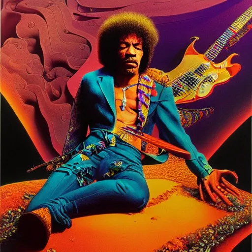 Prompt: colour portrait masterpiece photography of jimi hendrix full body shot by annie leibovitz, ultrawide angle, moebius, josh kirby, weird surreal epic psychedelic complex biomorphic 3 d fractal landscape in background by roger dean and syd mead and kilian eng and james jean and beksinski, greg hildebrandt, 8 k