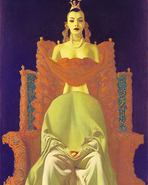 Image similar to an illustration of a queen on a throne at night by johann heinrich fussli, by nicholas roerich, by georgia o keeffe, realistic, detailed, oil painting, 1 9 th