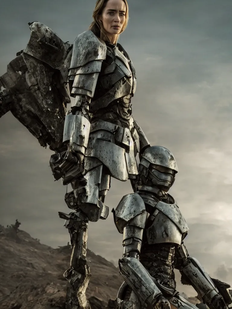 Image similar to emily blunt in futuristic power armor, alone, standing atop a hill, raising her sword, edge of tomorrow movie, angel of verdun, sunset