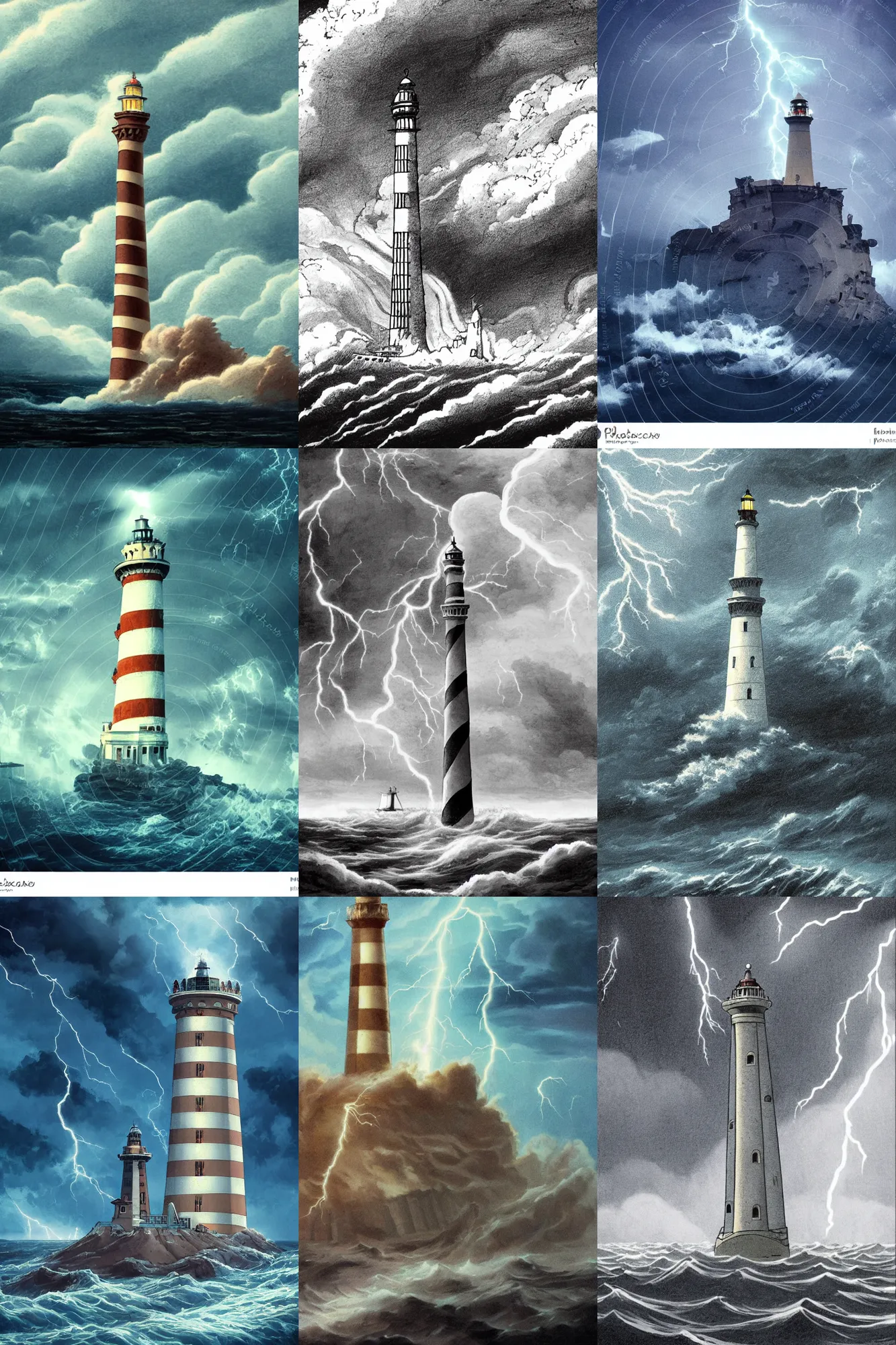 Prompt: detailed exterior shot of stormy desecrated foul lighthouse of alexandria, light of hell, moonlight shafts, lightning storm, swirling clouds, stormy atmosphere, in style of studio ghibli, cinematic lighting